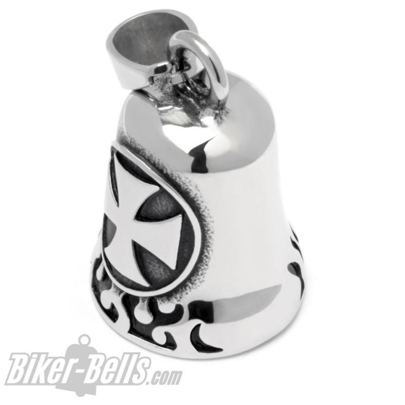 Edelstahl Biker-Bell mit großem Eisernen Kreuz und Flammen Motorrad Glocke Geschenk